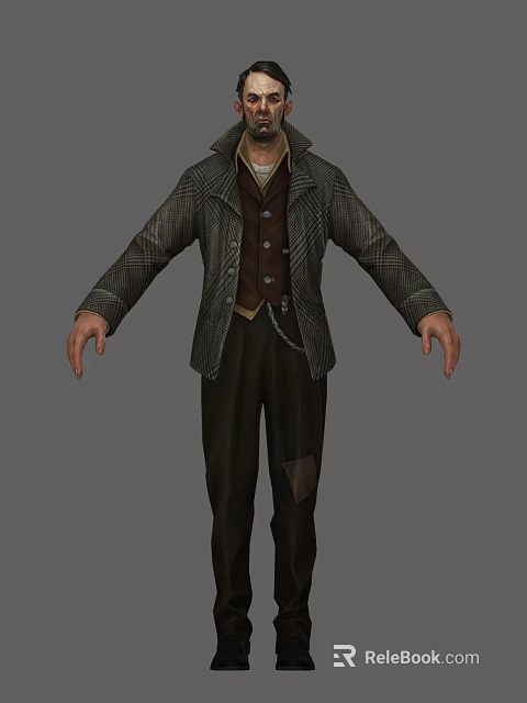 Man in Vintage Plaid Coat Brown Vest with Dark Pants and Chain Accessory 3d model 
