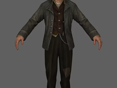 Man in Vintage Plaid Coat Brown Vest with Dark Pants and Chain Accessory 3d model