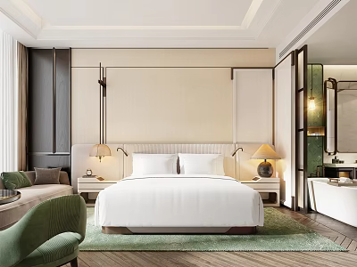 Hotel Room Interior Design With King Bed White Sheets Table Lamps Green Chair And Bathtub 3d model
