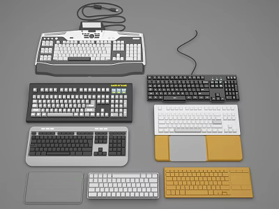 Computer Keyboards With Various Styles Different Colors And Wired Designs 3d model