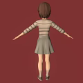 3D Girl Character With Brown Hair Striped Sweater Gray Skirt Red Background Arms Outstretched