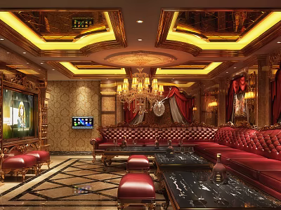 Luxurious KTV Interior Design With Golden Ceiling Chandelier Red Leather Sofas And Large Screen TV 3d model
