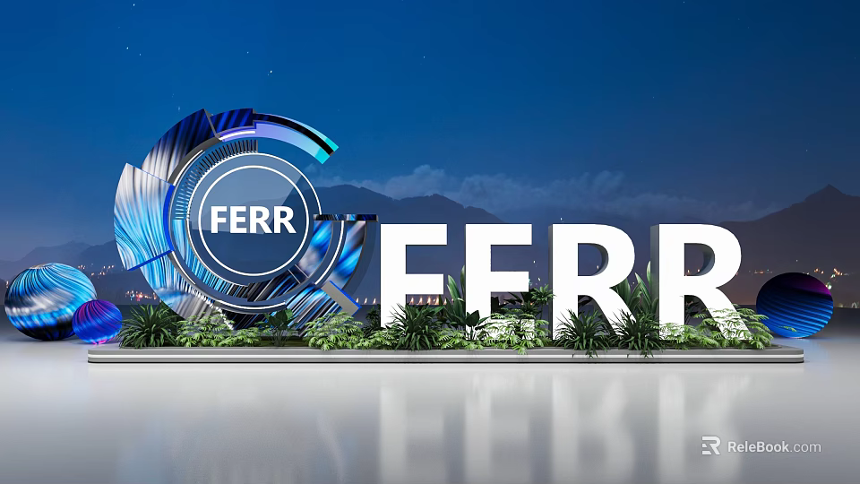 Illuminated FERR Sign With Large Letters And Green Plants Against Night Sky 3d model 