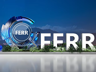 Illuminated FERR Sign With Large Letters And Green Plants Against Night Sky 3d model