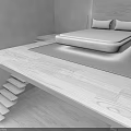 Minimalist Furniture Design Featuring Floating Bed With Two Pillows On Raised Platform And Stairs