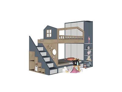 Modern Wooden Bunk Bed With Staircase Storage And Safety Rail For Kids Room 3d model