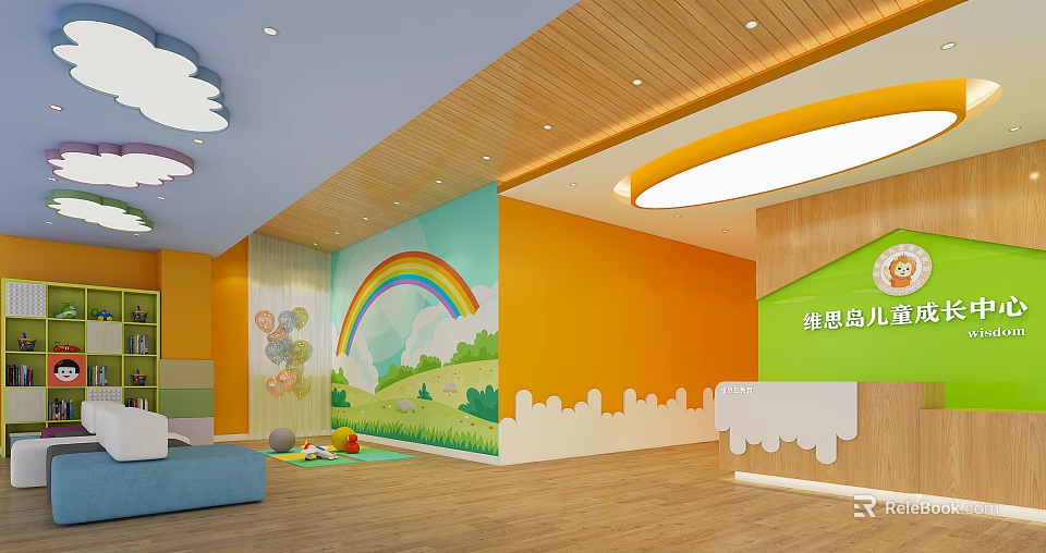 Colorful Kindergarten Interior with Rainbow Mural Orange Walls Wooden Ceiling and Toys 3d model 