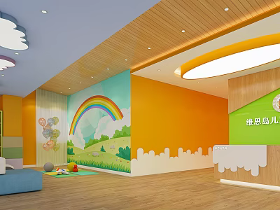 Colorful Kindergarten Interior with Rainbow Mural Orange Walls Wooden Ceiling and Toys 3d model