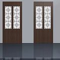 Dark Brown Wooden Swing Doors Featuring Geometric Pattern Glass Panels 3d model