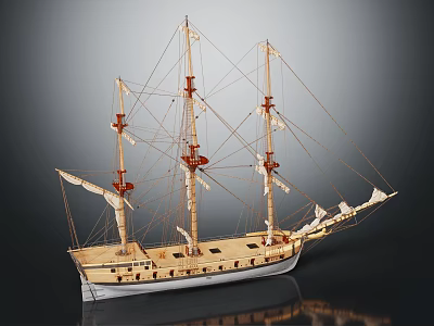 Classic Handcrafted Wooden Sailboat Model With Multiple Masts And White Sails 3d model