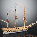 Classic Handcrafted Wooden Sailboat Model With Multiple Masts And White Sails