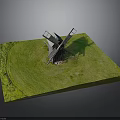 Miniature Windmill Model On Green Grass Base With Wooden Sails