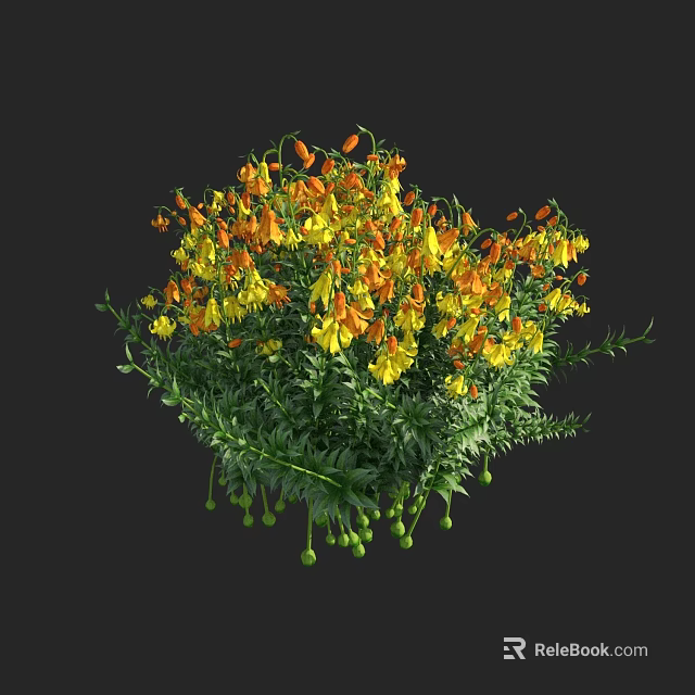 Vibrant Yellow and Orange Flowers With Green Leaves and Hanging Small Green Fruits 3d model 