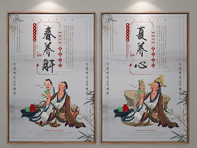 Traditional Chinese Health Posters with Spring Liver and Summer Heart Nourishment Themes and Ancient Figures 3d model