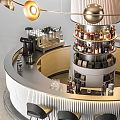 Modern Bar Interior With Circular Counter Gold Sphere Chandelier And Black Bar Stools