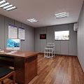 Office Corridor Interior With Wooden Flooring Desk Chair Wall Posters TV Screen And Ceiling Lights