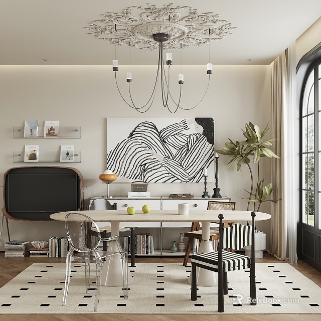 Modern Restaurant Interior With Black White Art Painting Chandelier Dining Table And Plant 3d model 