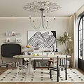 Modern Restaurant Interior With Black White Art Painting Chandelier Dining Table And Plant