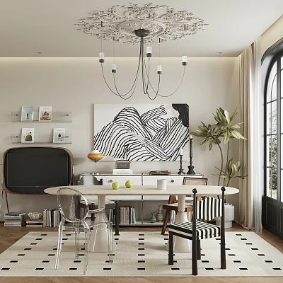 Modern Restaurant Interior With Black White Art Painting Chandelier Dining Table And Plant 3d model