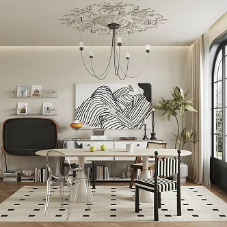 French Restaurant Middle Ancient Restaurant Dining Table Dining Chair Leisure Chair Chandelier Side Cabinet Accessories Ornaments Carpet Potted Plant 3d model