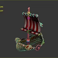 Decorative Wooden Ship Model With Red White Striped Sail Skull Decoration And Intricate Carvings