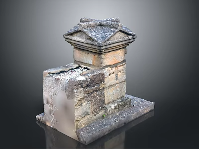 Ancient Stone Architectural Structure with Square Base and Tiered Roof Featuring Weathered Surface and Moss 3d model