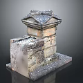 Ancient Stone Architectural Structure with Square Base and Tiered Roof Featuring Weathered Surface and Moss