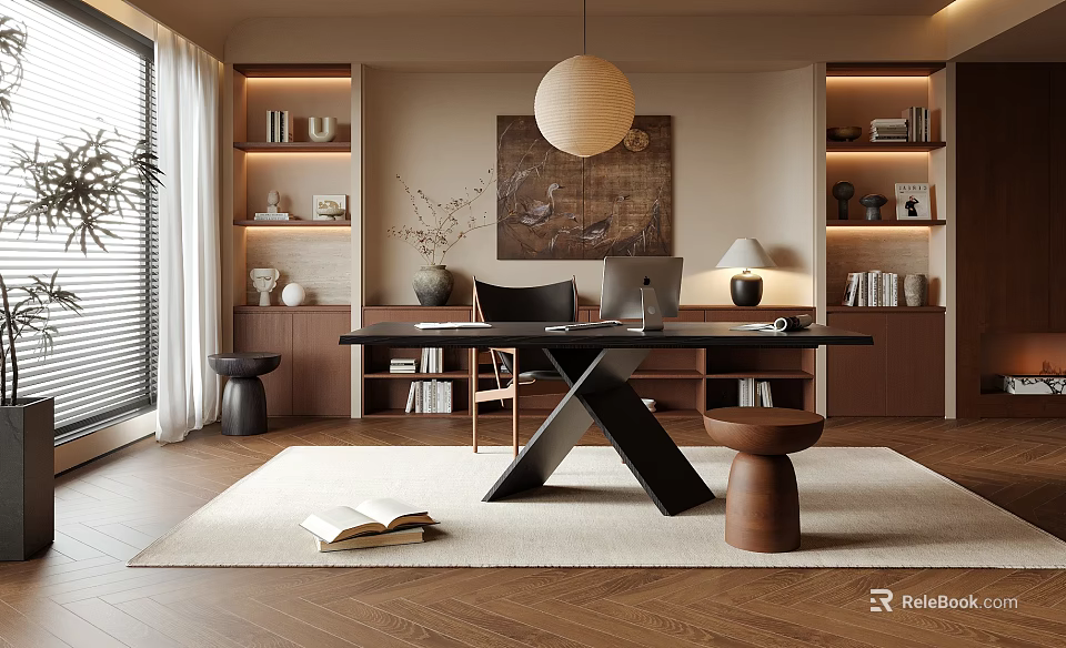 Modern Study Room Interior With Wooden Bookshelves Desk Table Lamp Artwork And Cozy Rug 3d model 