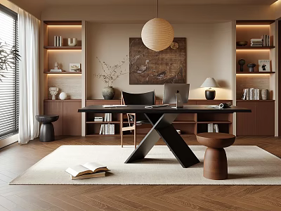 Modern Study Room Interior With Wooden Bookshelves Desk Table Lamp Artwork And Cozy Rug 3d model