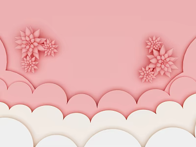 Bed Background Wall With Pink Paper Cut Flowers And Clouds 3d model