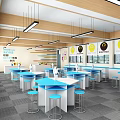School Robotik Classroom With Bright Windows Student Desks Chairs Hanging Lights And Colorful Models