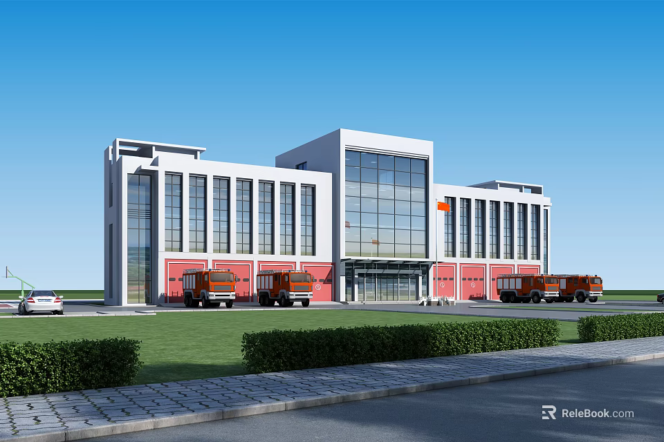 Modern Office Building Featuring White Red Exterior Large Glass Windows Lawn And Fire Trucks 3d model 