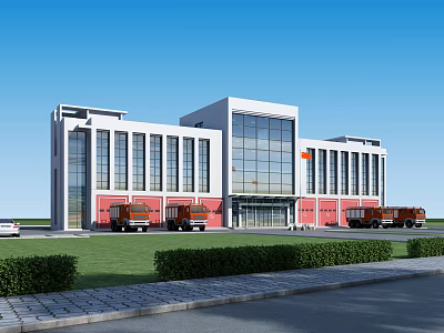 Modern Office Building Featuring White Red Exterior Large Glass Windows Lawn And Fire Trucks 3d model