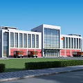 Modern Office Building Featuring White Red Exterior Large Glass Windows Lawn And Fire Trucks