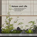 Indoor Natural Landscape with Green Plants Ferns and Stones Against Tile Wall with Text