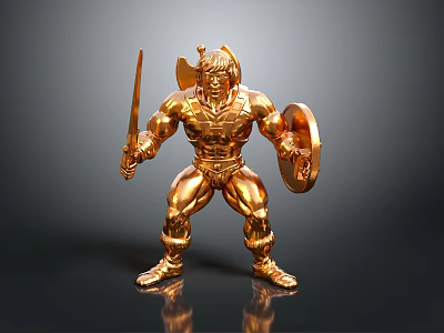Golden Muscular Warrior Statue Holding Sword And Shield On Black Background 3d model