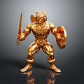 Golden Muscular Warrior Statue Holding Sword And Shield On Black Background