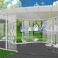 Modern Garden Landscape With Unique Curved Roof Structure Surrounded By Greenery And Trees