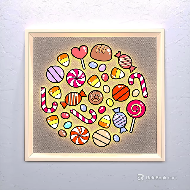 Vibrant Wooden Framed Wall Decor With Circular Arrangement of Colorful Candies Lollipops and Hearts 3d model 