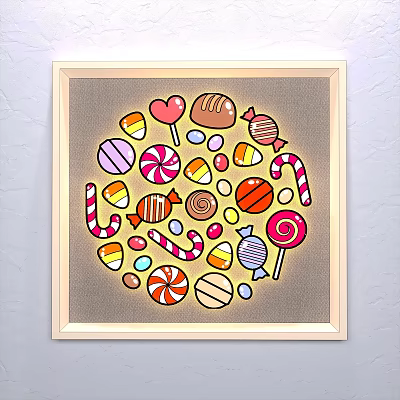 Vibrant Wooden Framed Wall Decor With Circular Arrangement of Colorful Candies Lollipops and Hearts 3d model