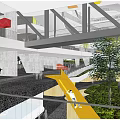 Modern School Building With Multi Level Walkways Yellow Staircases Green Plants And Active Students