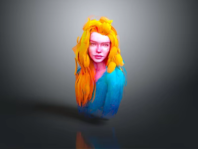 Woman With Vibrant Yellow And Orange Hair Wearing Blue Top Against Gray Background 3d model