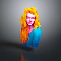 Woman With Vibrant Yellow And Orange Hair Wearing Blue Top Against Gray Background