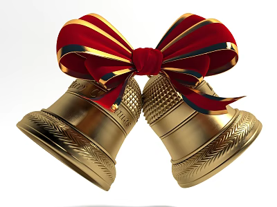Decorative Pair of Golden Bells Ornament with Red Bow and Colorful Stripes 3d model