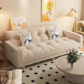 Beige Multi Seat Sofa With Blue Deer Pattern Pillows Round Coffee Table And Wall Paintings 3d model