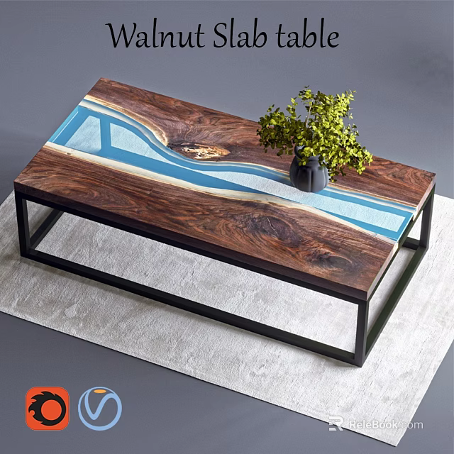 Modern Walnut Dining Table With Blue White Resin Inlay Black Metal Frame And Green Plant 3d model 
