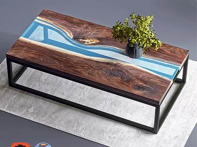 Modern Walnut Dining Table With Blue White Resin Inlay Black Metal Frame And Green Plant 3d model