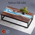 Modern Walnut Dining Table With Blue White Resin Inlay Black Metal Frame And Green Plant