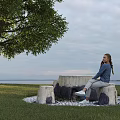 Stone Outdoor Table With Large Tree Grass Area And Waterfront Relaxing Seating 3d model