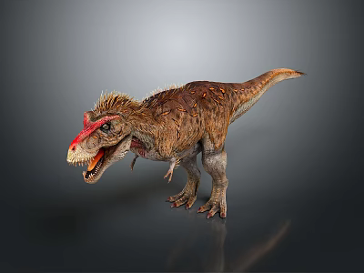 Tyrannosaurus Rex Dinosaur Red Head Open Mouth Textured Skin Standing On Dark Background Reflection 3d model